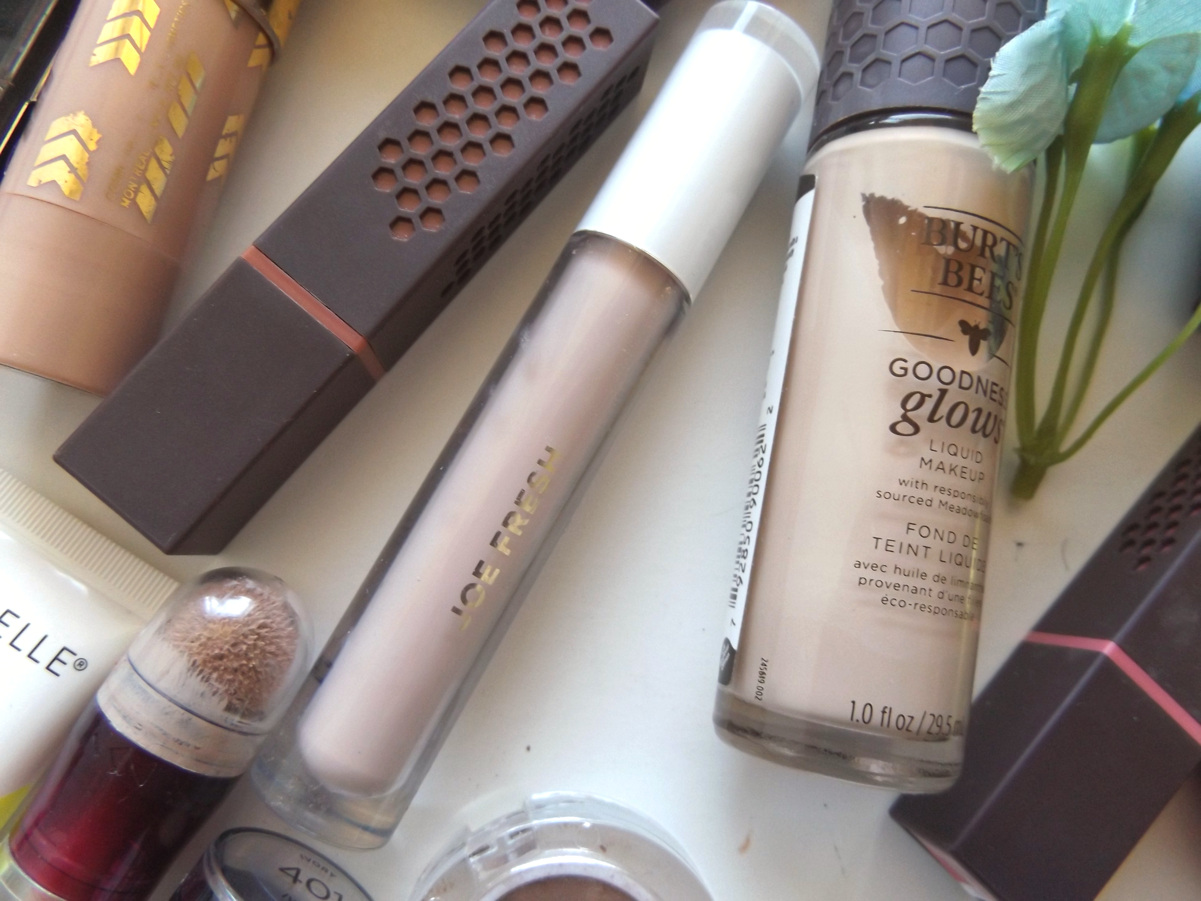 Joe fresh concealer and Burt's Bees Goodness Glows foundation product shot 
